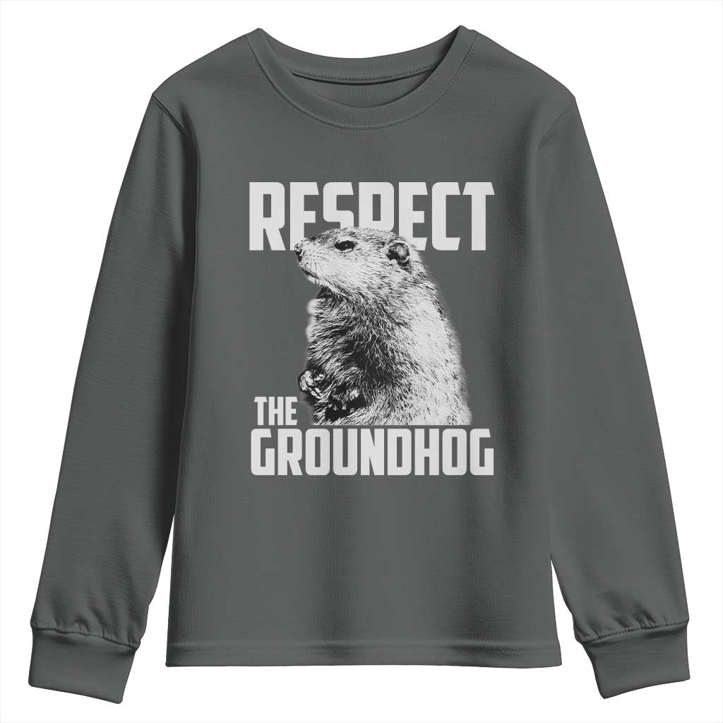 Respect The Groundhog Youth Sweatshirt Funny Woodchuck Shadow Meteorlogy TS02 Dark Heather Print Your Wear