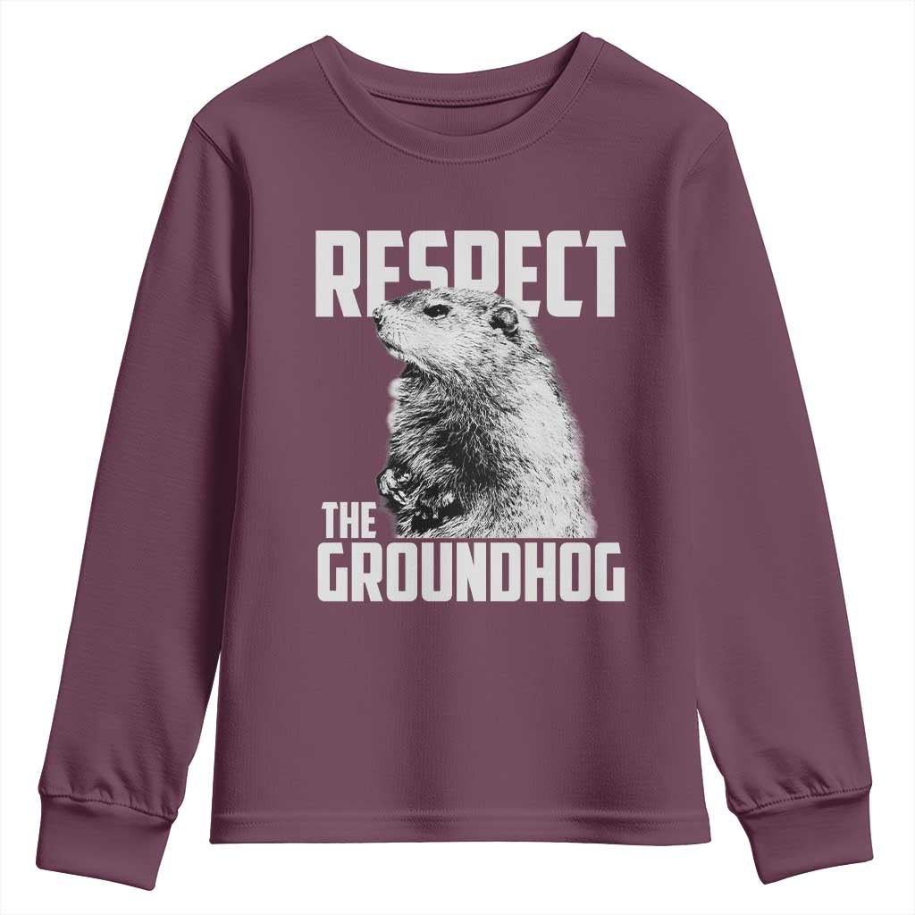 Respect The Groundhog Youth Sweatshirt Funny Woodchuck Shadow Meteorlogy TS02 Maroon Print Your Wear