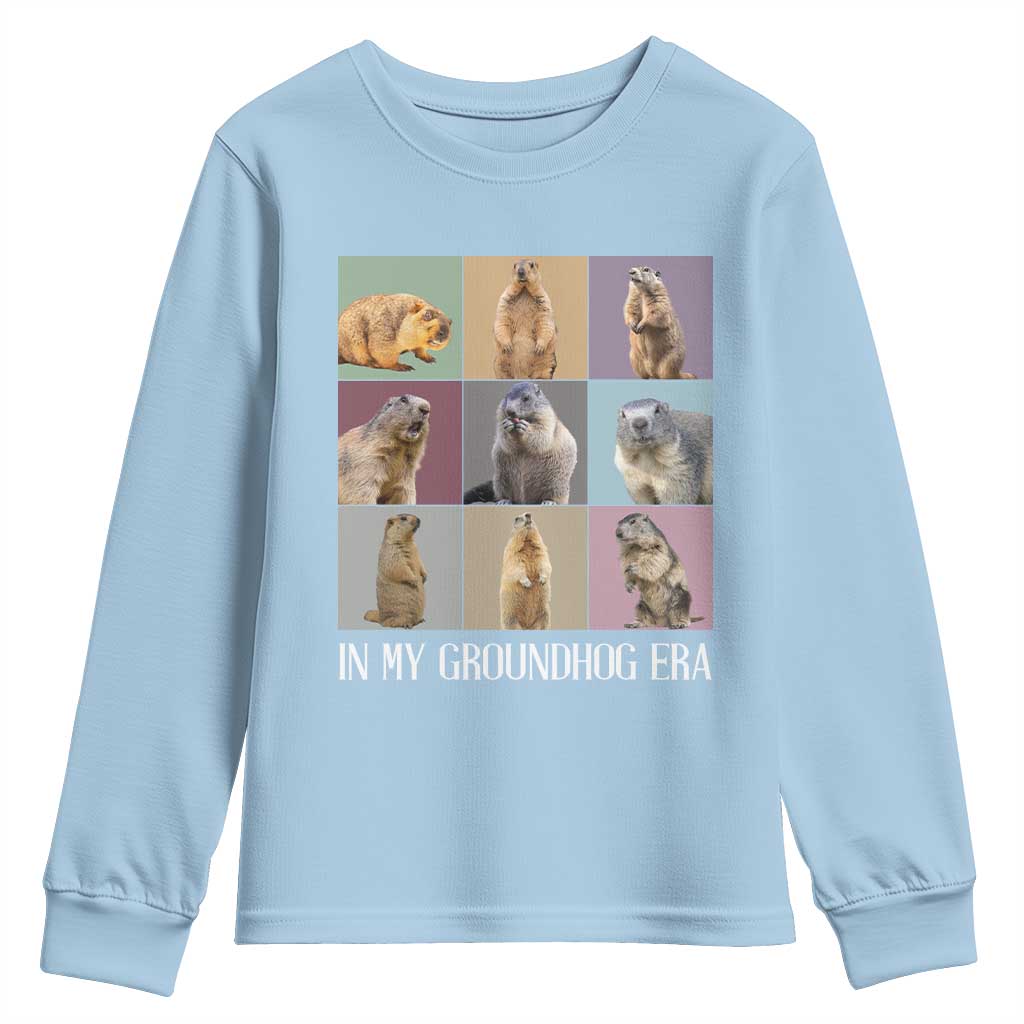 In My Groundhog Era Youth Sweatshirt Funny Woodchuck TS02 Light Blue Print Your Wear