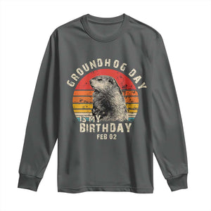 Groundhog Day Is My Birthday Long Sleeve Shirt Funny Woodchuck Retro Vintage TS02 Dark Heather Print Your Wear