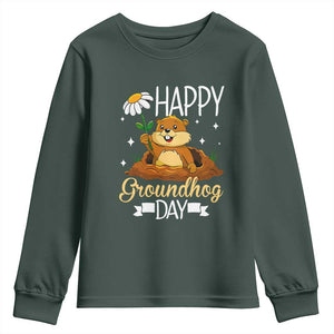 Happy Groundhog Day Youth Sweatshirt Punxsutawney Phil Groundhog Lover TS02 Dark Forest Green Print Your Wear