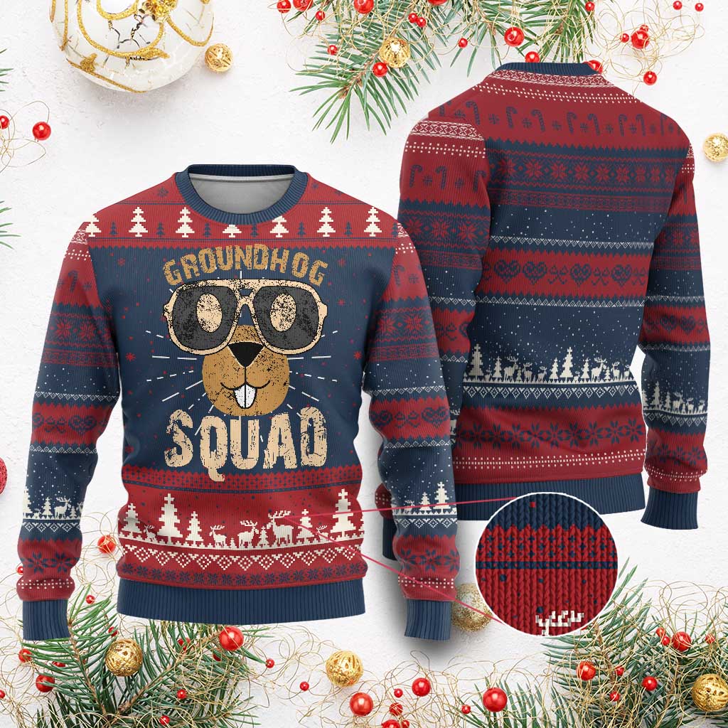 Groundhog Squad Knit Sweatshirt Cute Woodchuck Happy Groundhog Day TS02 Burgundy Print Your Wear