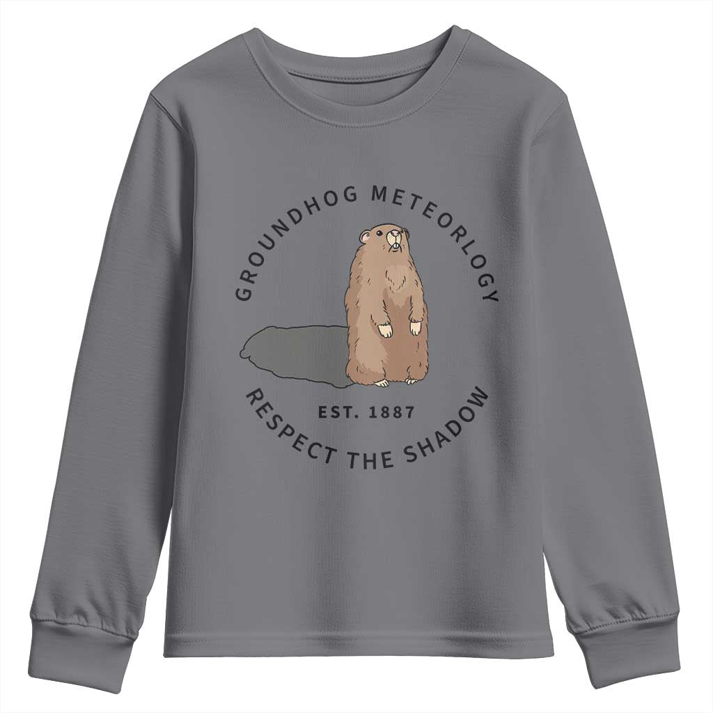 Groundhog Meteorology Youth Sweatshirt Respect The Shadow Est 1887 Funny Woodchuck TS02 Charcoal Print Your Wear
