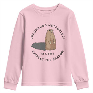 Groundhog Meteorology Youth Sweatshirt Respect The Shadow Est 1887 Funny Woodchuck TS02 Light Pink Print Your Wear