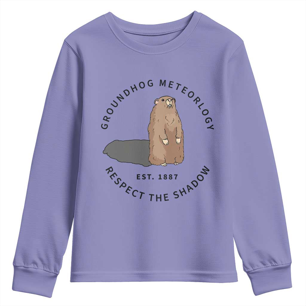 Groundhog Meteorology Youth Sweatshirt Respect The Shadow Est 1887 Funny Woodchuck TS02 Violet Print Your Wear