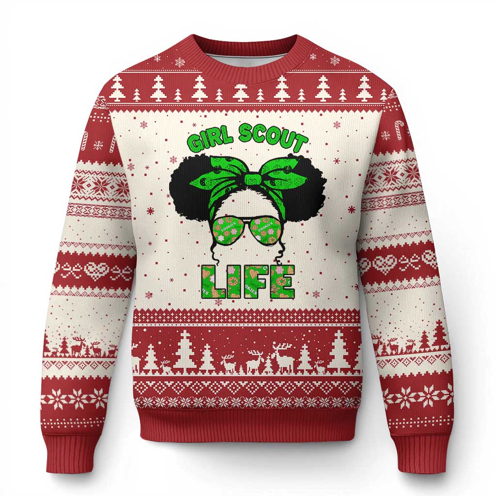 Scout Girl Cookie Dealer Ugly Christmas Sweater Troop Leader Little Messy Bun TS02 Beige Red Print Your Wear
