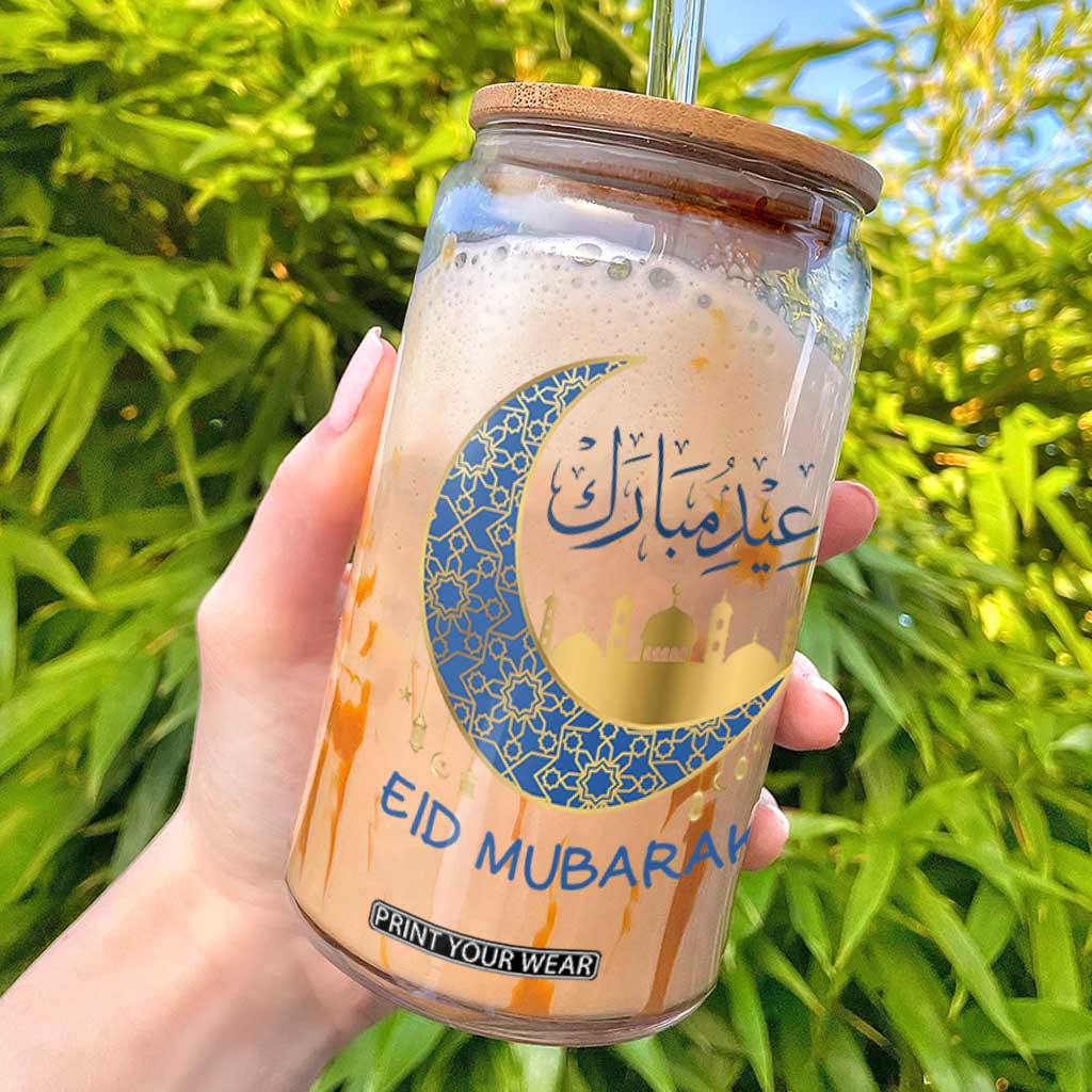 Eid Mubarak Crescent Moon Mosque Glass Can Arabic Calligraphy Islamic Celebration Gift TS02 White Print Your Wear
