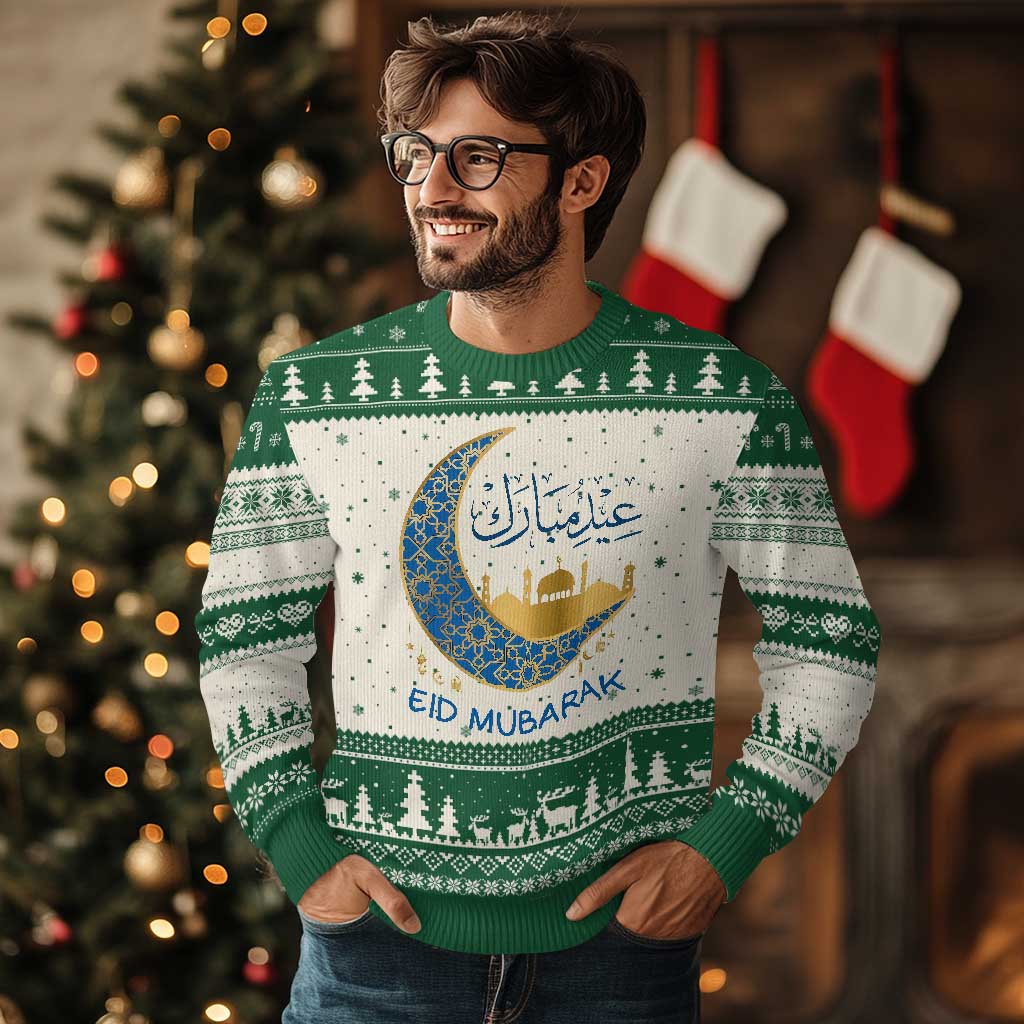 Eid Mubarak Crescent Moon Mosque Ugly Christmas Sweater Arabic Calligraphy Islamic Celebration Gift TS02 Beige Green Print Your Wear
