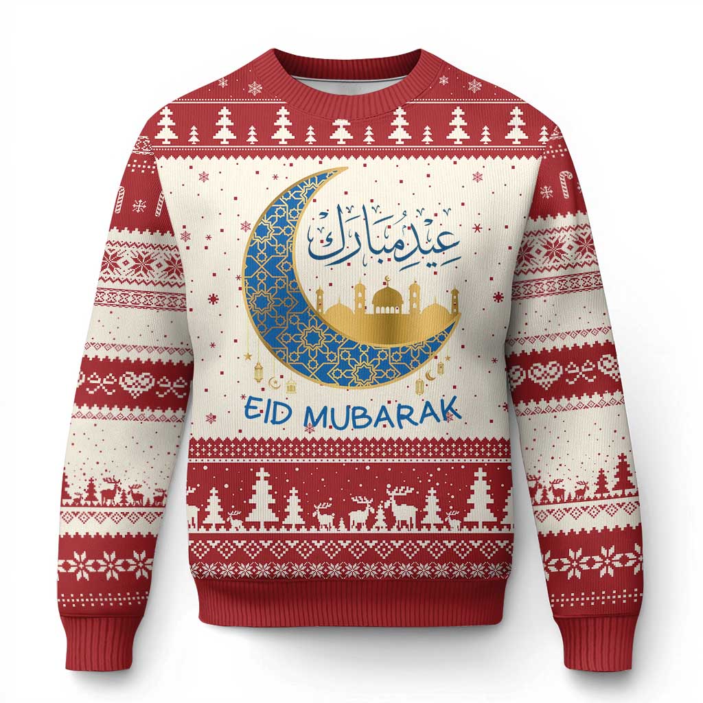 Eid Mubarak Crescent Moon Mosque Ugly Christmas Sweater Arabic Calligraphy Islamic Celebration Gift TS02 Beige Red Print Your Wear