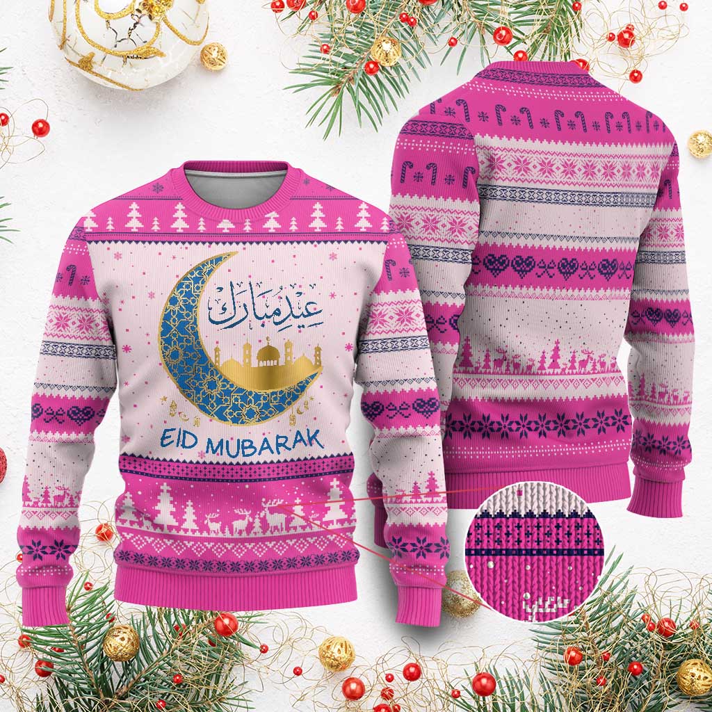 Eid Mubarak Crescent Moon Mosque Ugly Christmas Sweater Arabic Calligraphy Islamic Celebration Gift TS02 Hot Pink Print Your Wear