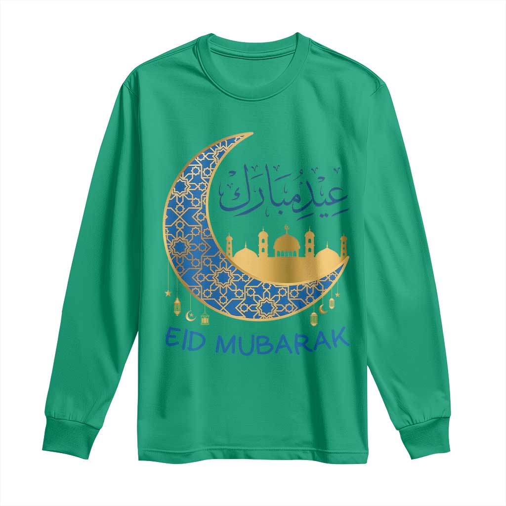 Eid Mubarak Crescent Moon Mosque Long Sleeve Shirt Arabic Calligraphy Islamic Celebration Gift TS02 Irish Green Print Your Wear