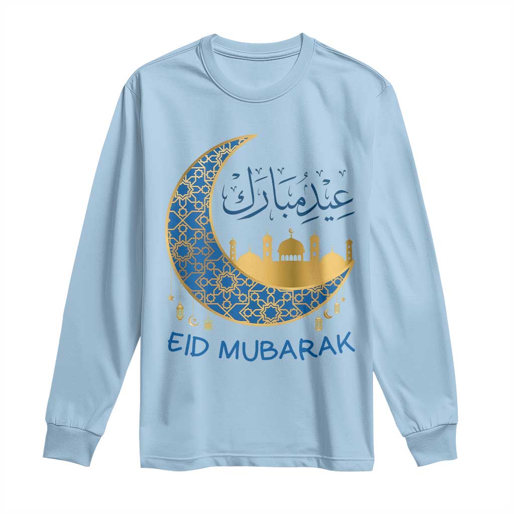 Eid Mubarak Crescent Moon Mosque Long Sleeve Shirt Arabic Calligraphy Islamic Celebration Gift TS02 Light Blue Print Your Wear