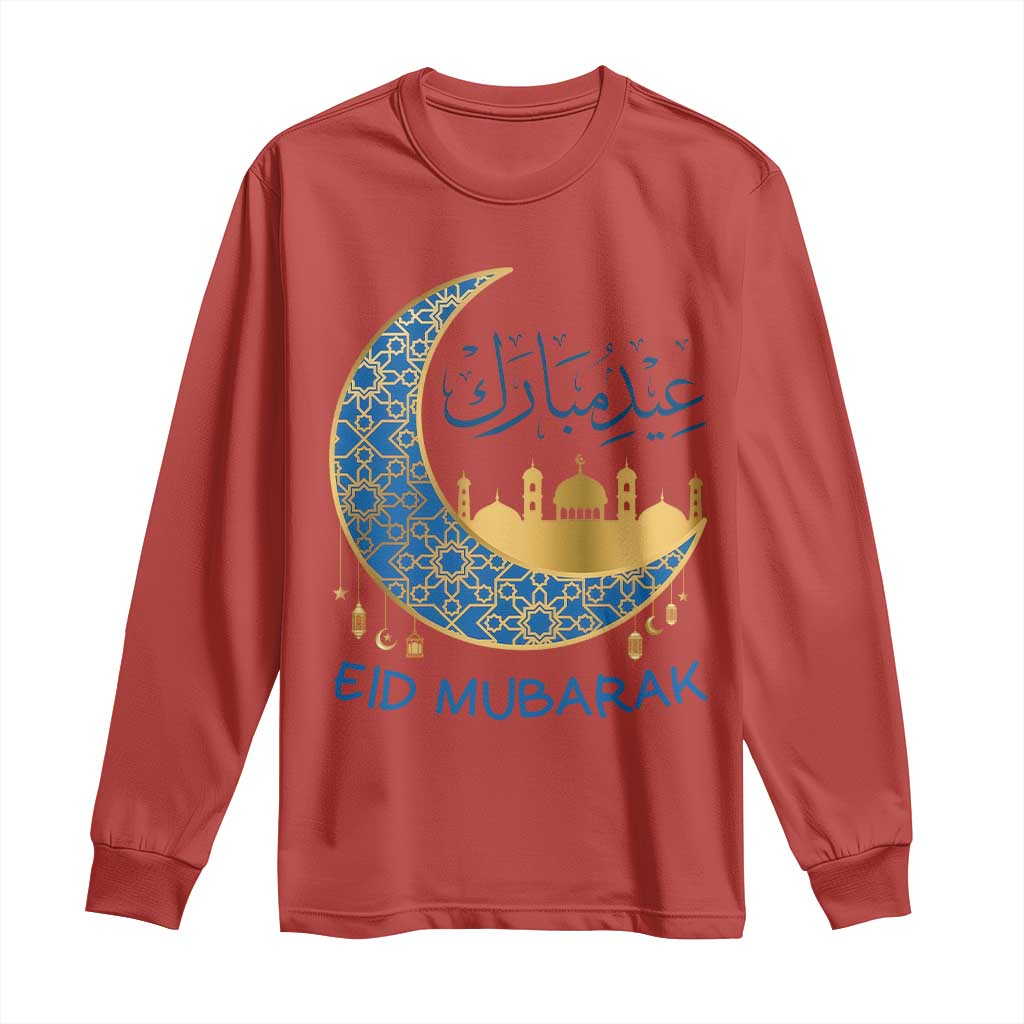 Eid Mubarak Crescent Moon Mosque Long Sleeve Shirt Arabic Calligraphy Islamic Celebration Gift TS02 Red Print Your Wear