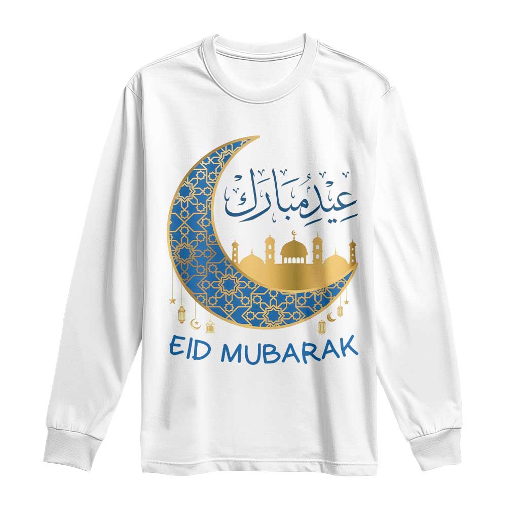 Eid Mubarak Crescent Moon Mosque Long Sleeve Shirt Arabic Calligraphy Islamic Celebration Gift TS02 White Print Your Wear