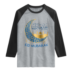 Eid Mubarak Crescent Moon Mosque Raglan Shirt Arabic Calligraphy Islamic Celebration Gift TS02 Heather Gray Black Print Your Wear