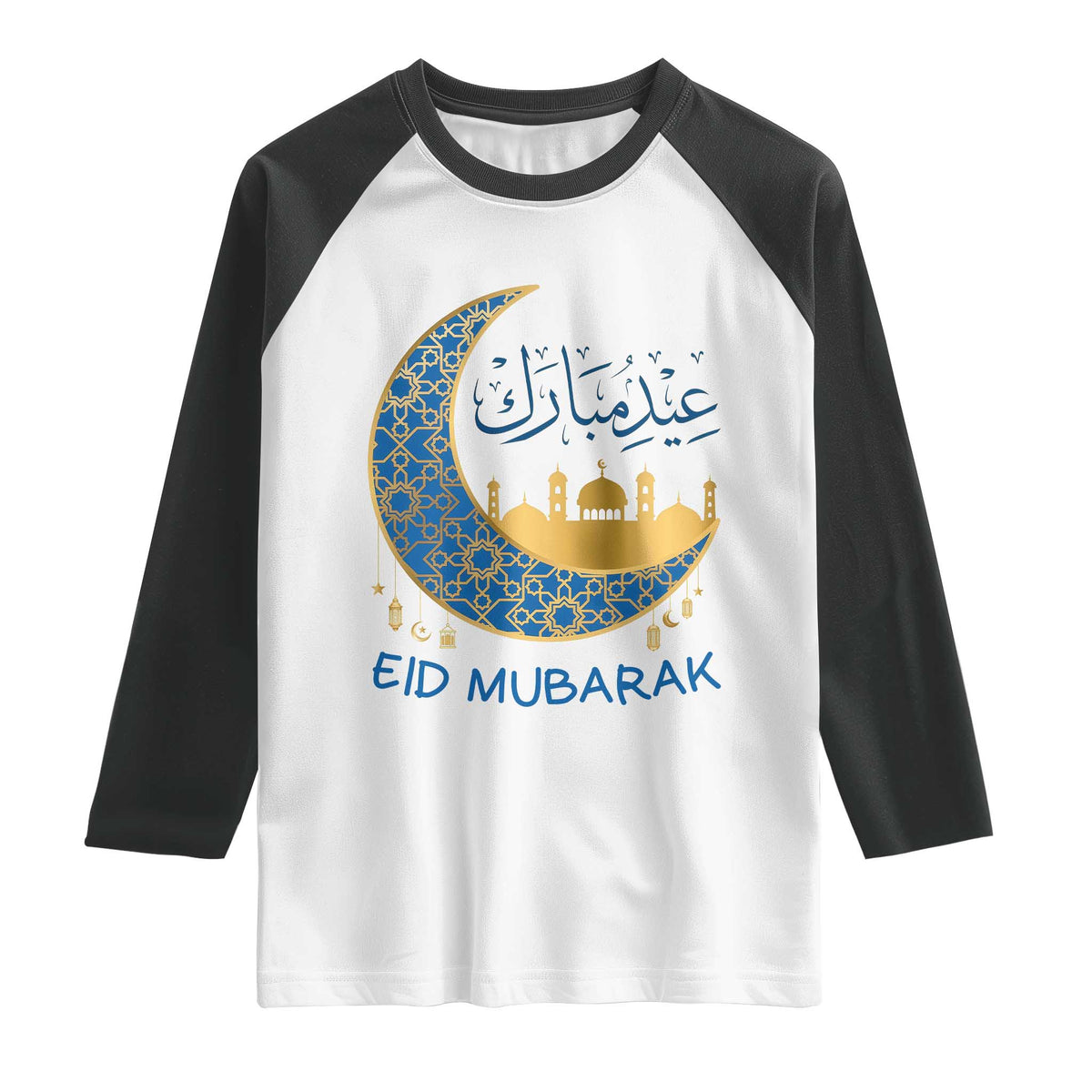 Eid Mubarak Crescent Moon Mosque Raglan Shirt Arabic Calligraphy Islamic Celebration Gift TS02 White Black Print Your Wear