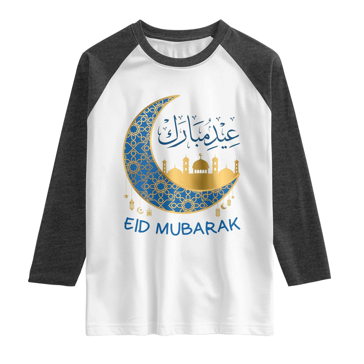 Eid Mubarak Crescent Moon Mosque Raglan Shirt Arabic Calligraphy Islamic Celebration Gift TS02 White Heather Charcoal Print Your Wear