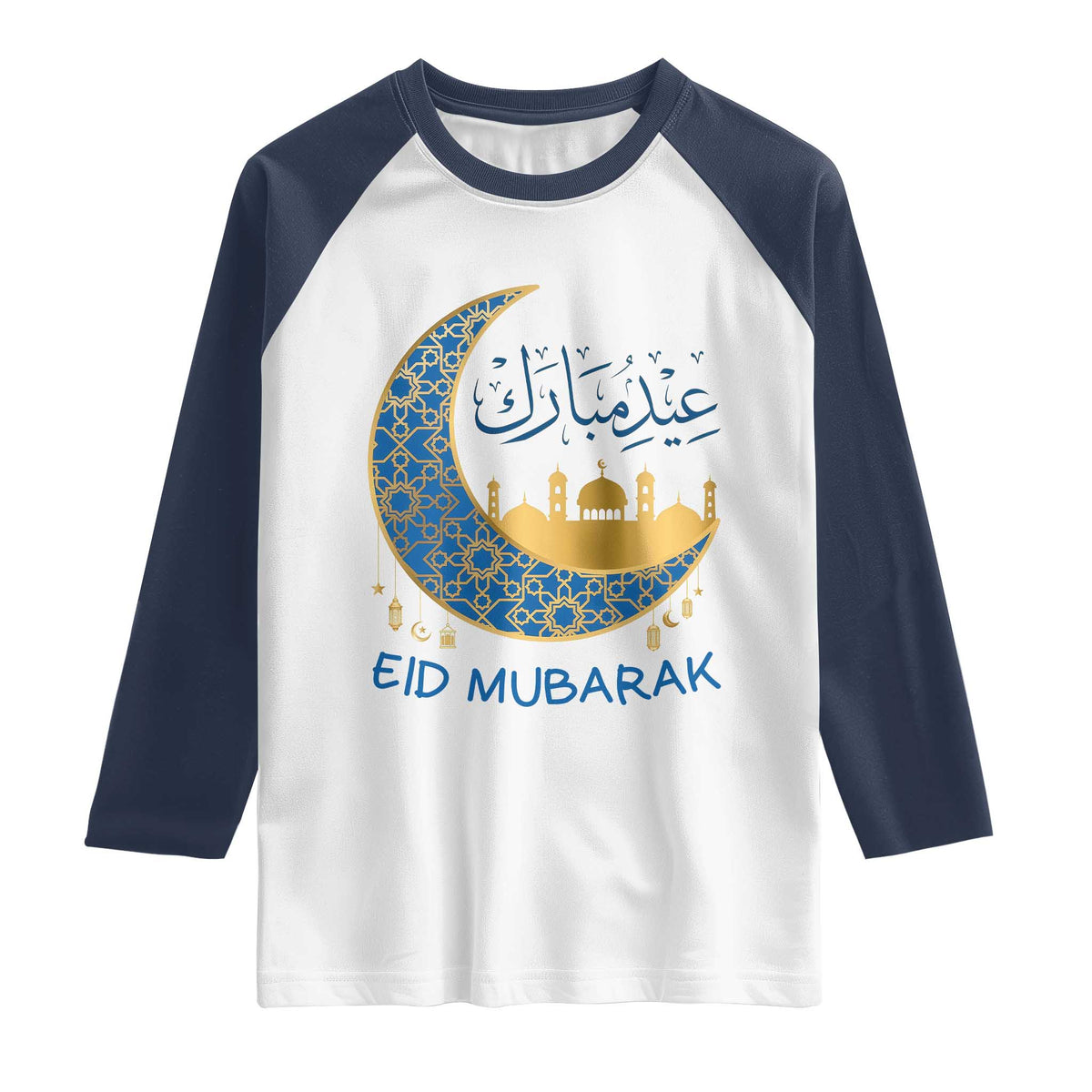Eid Mubarak Crescent Moon Mosque Raglan Shirt Arabic Calligraphy Islamic Celebration Gift TS02 White Navy Print Your Wear