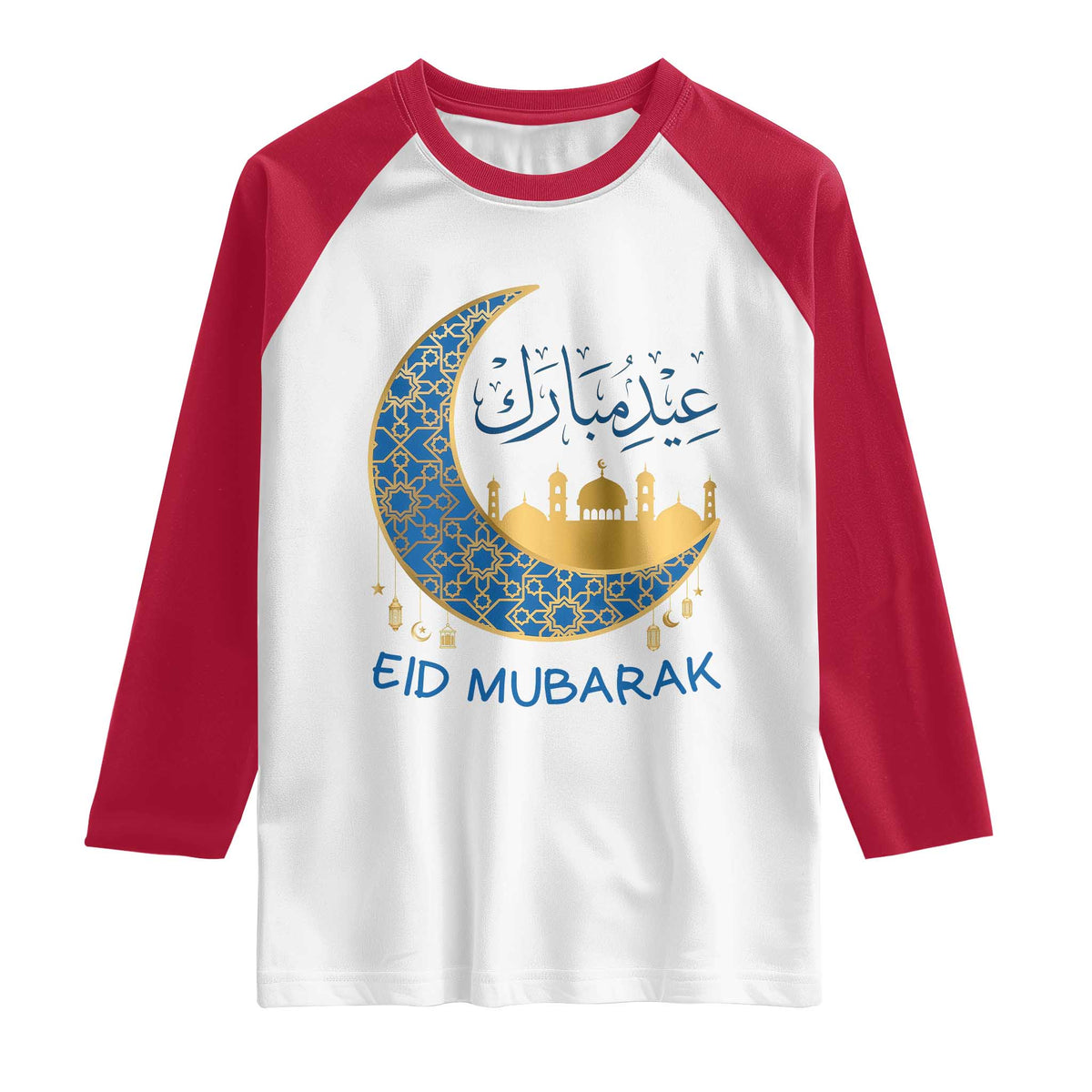 Eid Mubarak Crescent Moon Mosque Raglan Shirt Arabic Calligraphy Islamic Celebration Gift TS02 White Red Print Your Wear