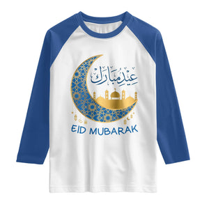Eid Mubarak Crescent Moon Mosque Raglan Shirt Arabic Calligraphy Islamic Celebration Gift TS02 White Royal Print Your Wear