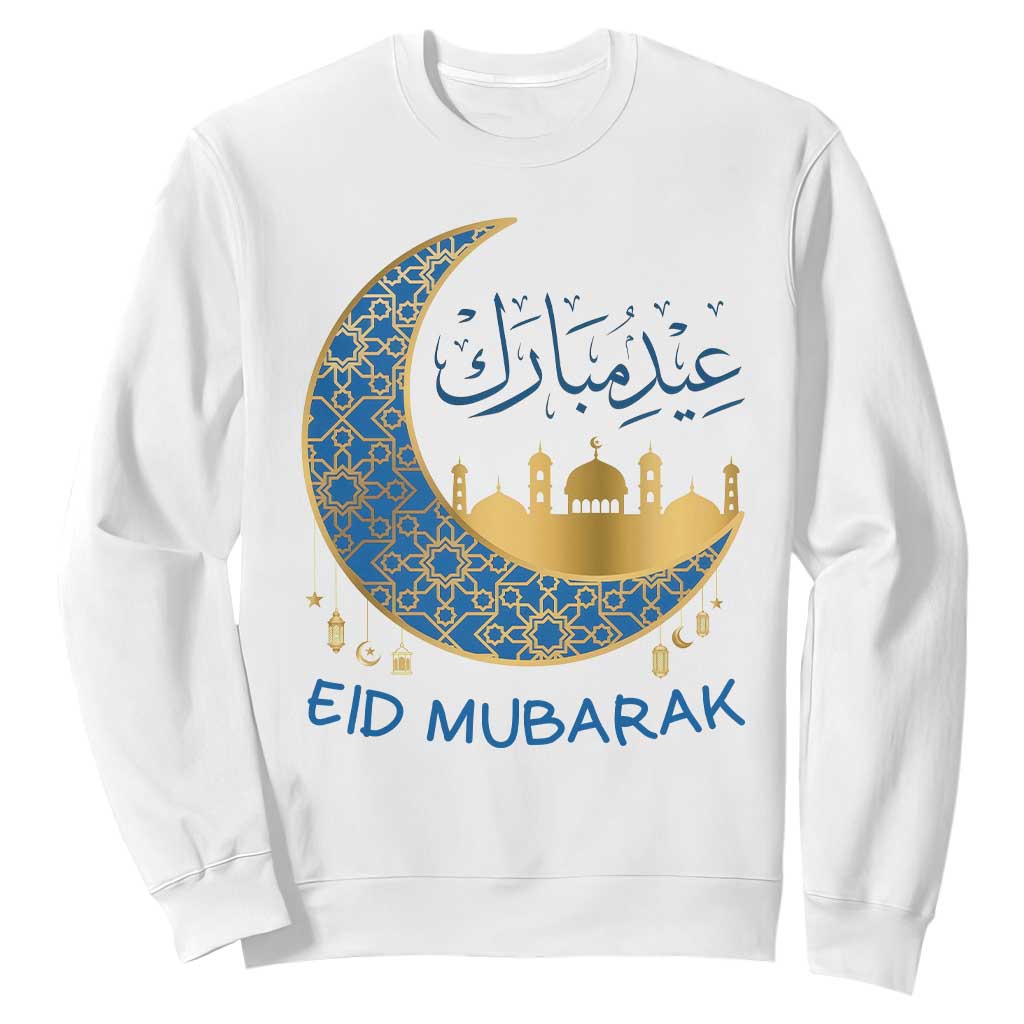 Eid Mubarak Crescent Moon Mosque Sweatshirt Arabic Calligraphy Islamic Celebration Gift TS02 White Print Your Wear