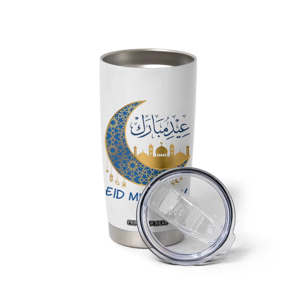 Eid Mubarak Crescent Moon Mosque Tumbler Cup Arabic Calligraphy Islamic Celebration Gift TS02 Print Your Wear