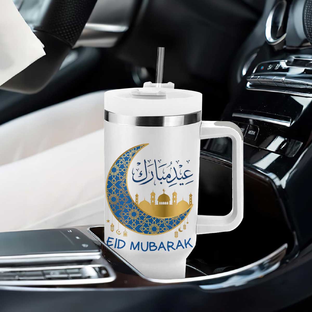 Eid Mubarak Crescent Moon Mosque Tumbler With Handle Arabic Calligraphy Islamic Celebration Gift TS02 Print Your Wear