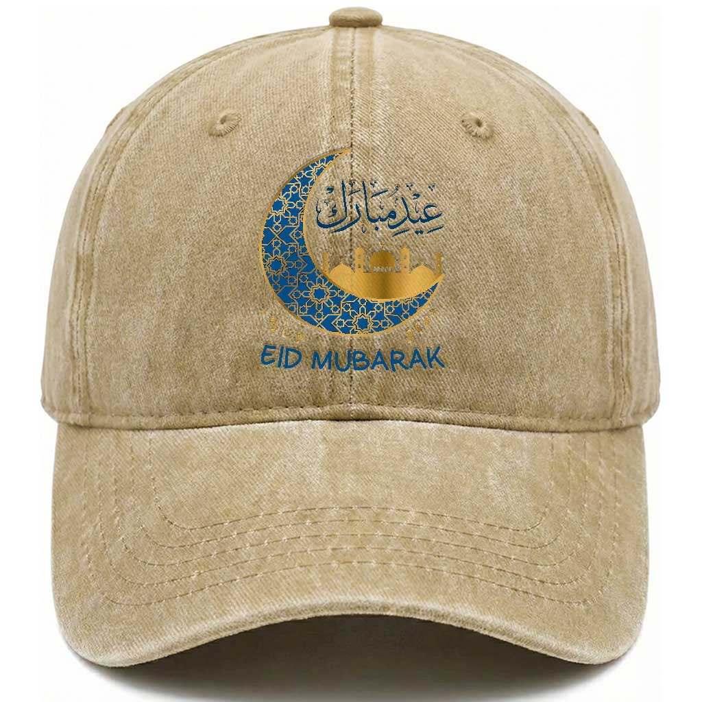 Eid Mubarak Crescent Moon Mosque Washed Cotton Baseball Cap Arabic Calligraphy Islamic Celebration Gift TS02 Print Your Wear