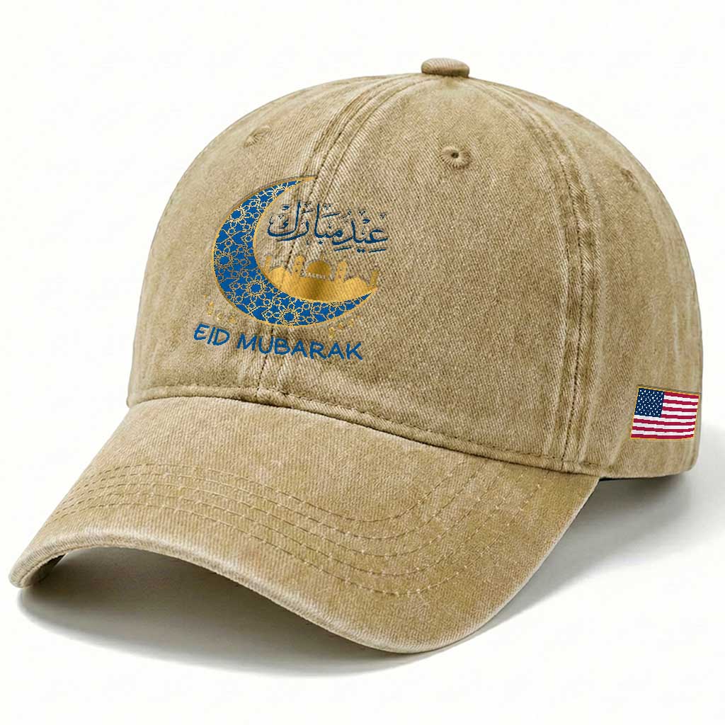 Eid Mubarak Crescent Moon Mosque Washed Cotton Baseball Cap Arabic Calligraphy Islamic Celebration Gift TS02 Print Your Wear