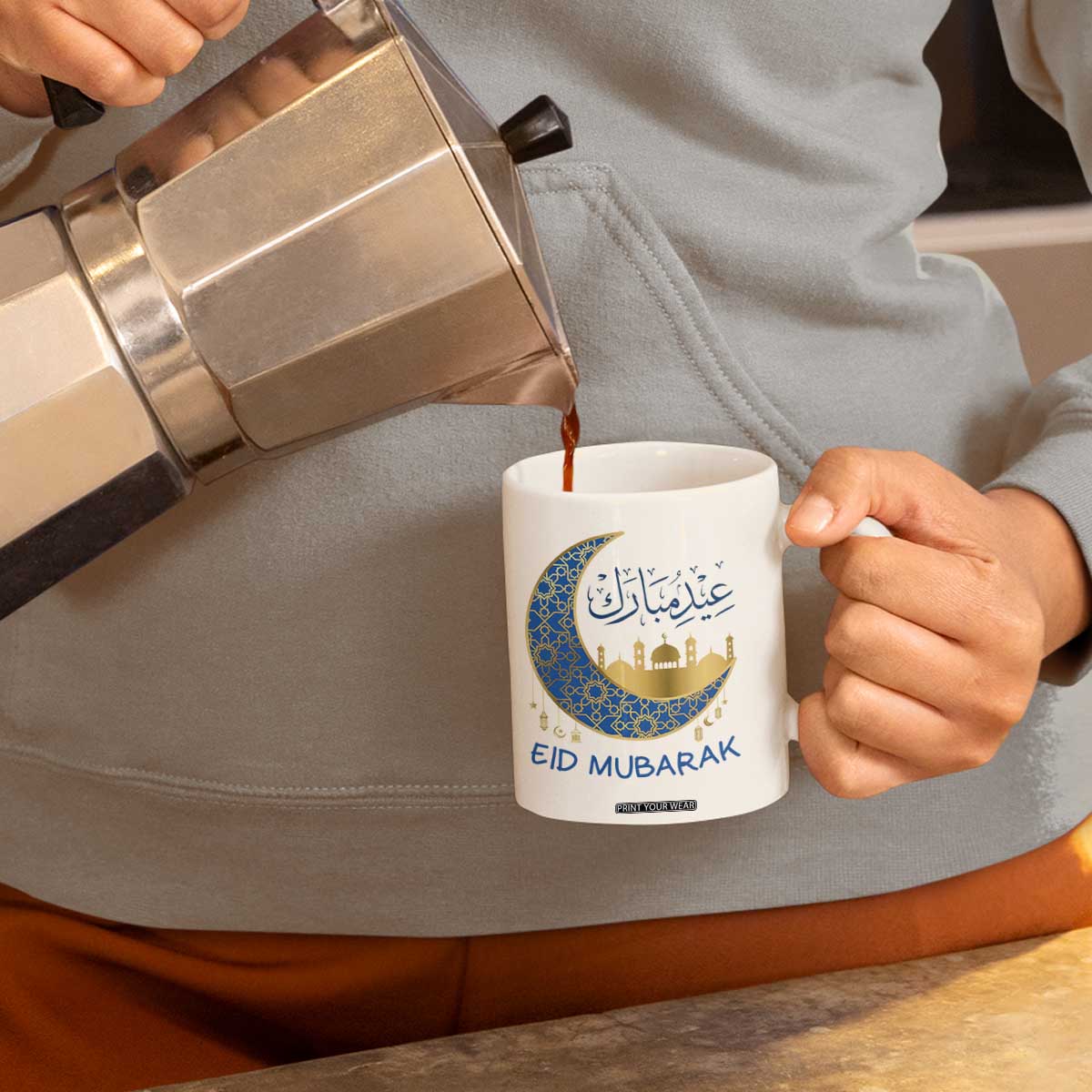 Eid Mubarak Crescent Moon Mosque Coffee Mug Arabic Calligraphy Islamic Celebration Gift TS02 Print Your Wear