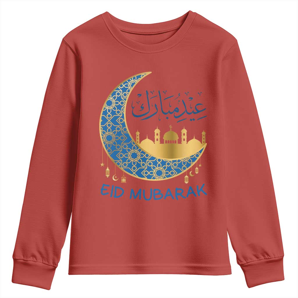 Eid Mubarak Crescent Moon Mosque Youth Sweatshirt Arabic Calligraphy Islamic Celebration Gift TS02 Red Print Your Wear
