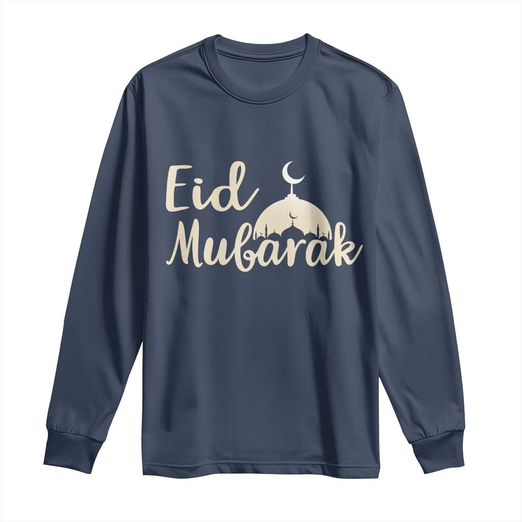 Eid Mubarak Mosque Silhouette Long Sleeve Shirt Islamic Holiday Celebration TS02 Navy Print Your Wear