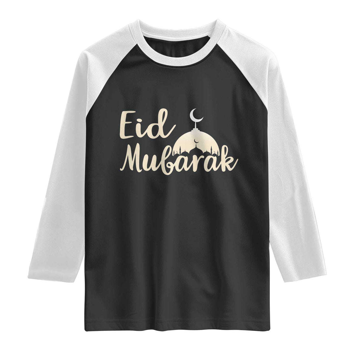 Eid Mubarak Mosque Silhouette Raglan Shirt Islamic Holiday Celebration TS02 Black White Print Your Wear