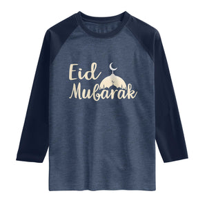 Eid Mubarak Mosque Silhouette Raglan Shirt Islamic Holiday Celebration TS02 Heather Denim Navy Print Your Wear