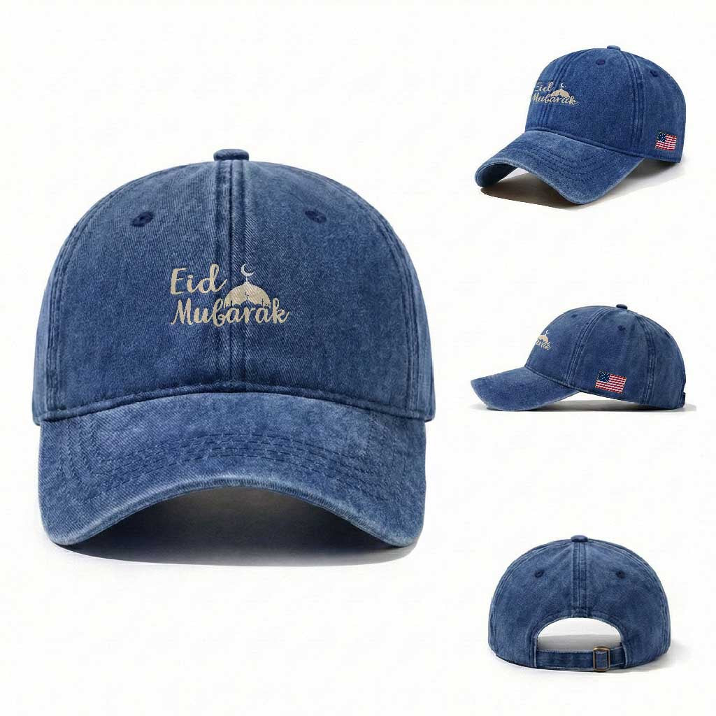 Eid Mubarak Mosque Silhouette Washed Cotton Baseball Cap Islamic Holiday Celebration TS02 Washed Cap Universal Fit Royal Blue Print Your Wear