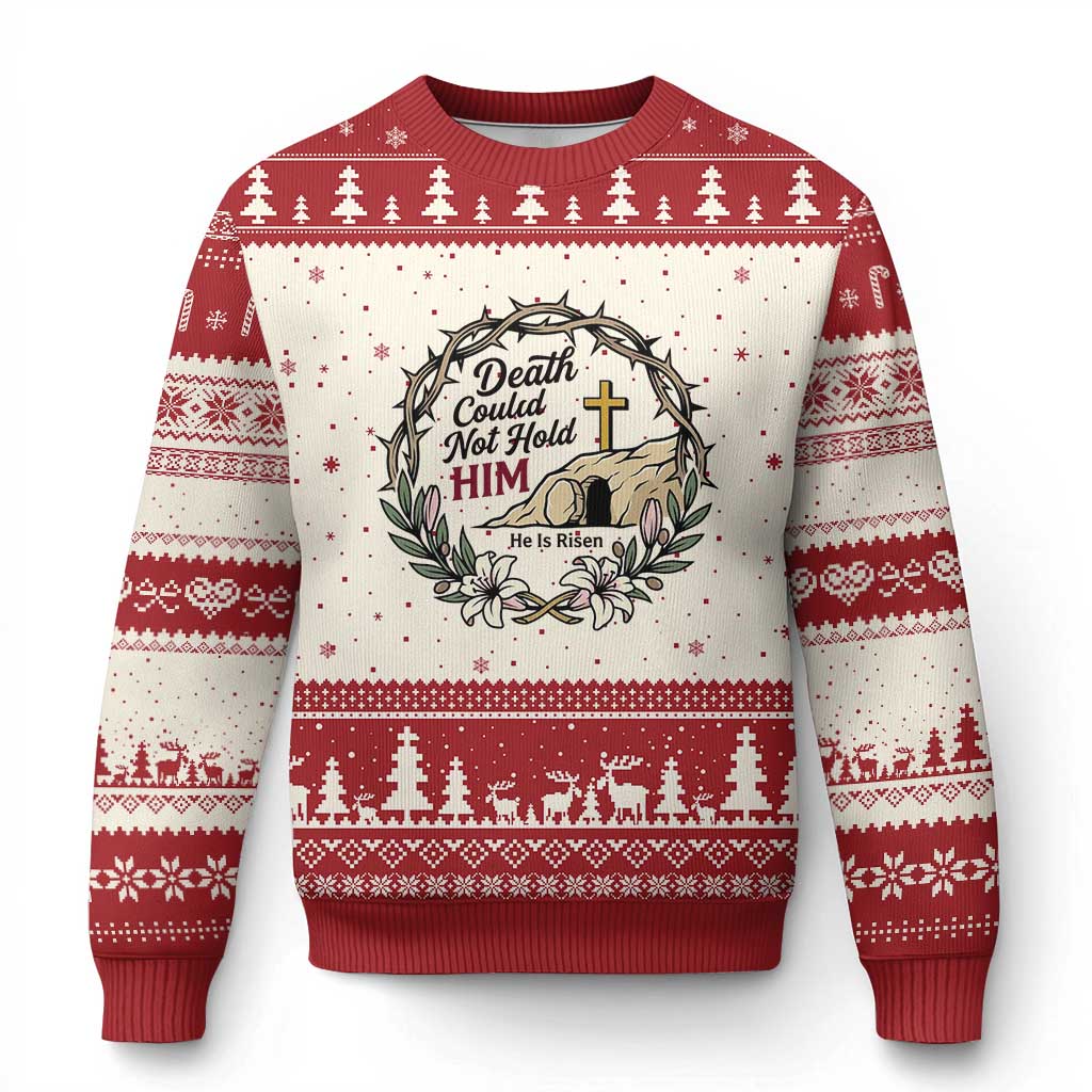 Death Could Not Hold Him Jesus Christian Easter Ugly Christmas Sweater He Is Risen Faith Message TS02 Beige Red Print Your Wear