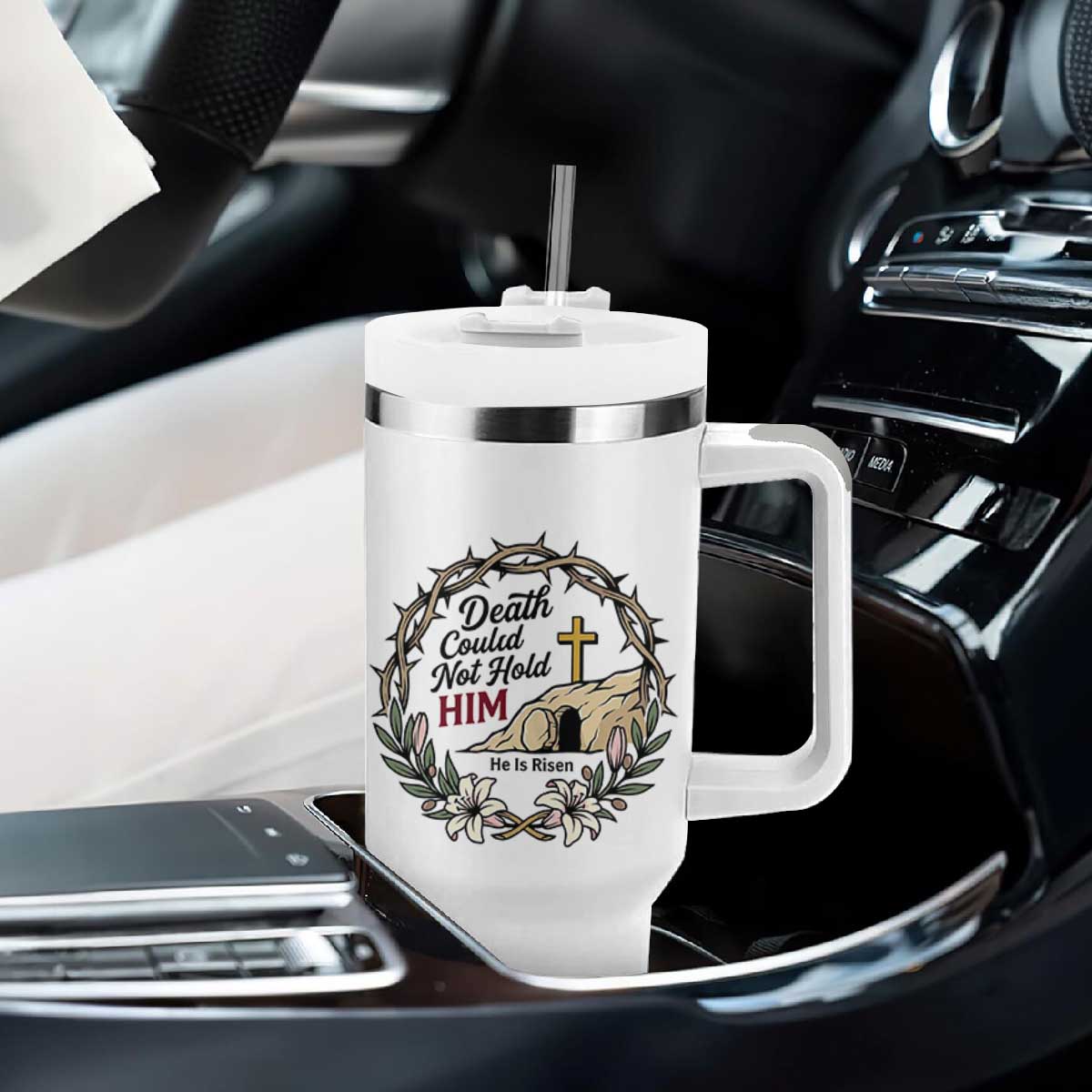 Death Could Not Hold Him Jesus Christian Easter Tumbler With Handle He Is Risen Faith Message TS02 Print Your Wear