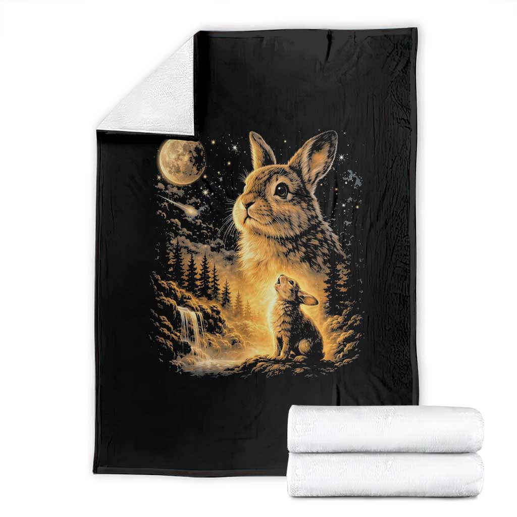 Mystical Moonlit Bunny Graphic Throw Blanket Glowing Rabbit Under Full Moon Waterfall Nature Scene TS02 Black Print Your Wear