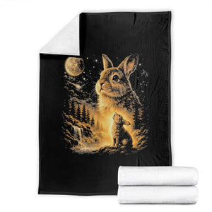 Mystical Moonlit Bunny Graphic Throw Blanket Glowing Rabbit Under Full Moon Waterfall Nature Scene TS02 Black Print Your Wear
