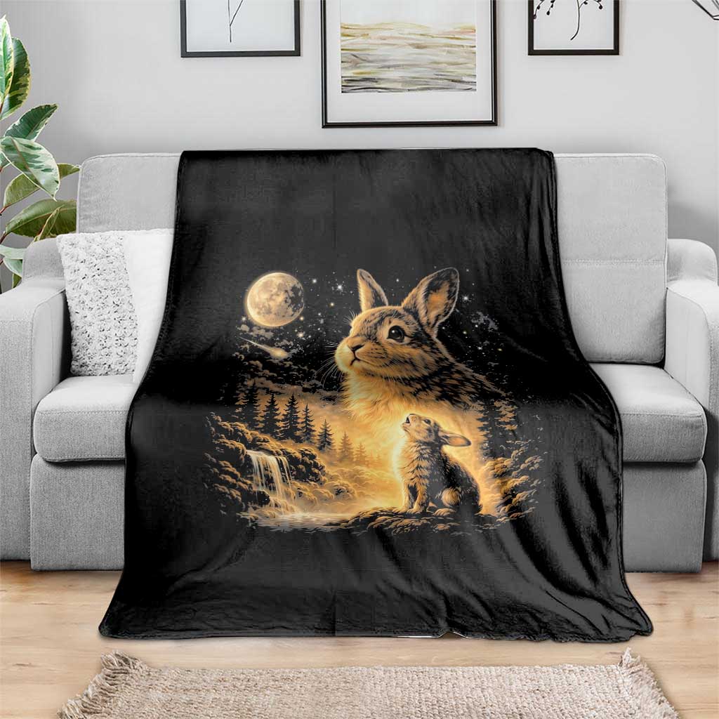 Mystical Moonlit Bunny Graphic Throw Blanket Glowing Rabbit Under Full Moon Waterfall Nature Scene TS02 Print Your Wear