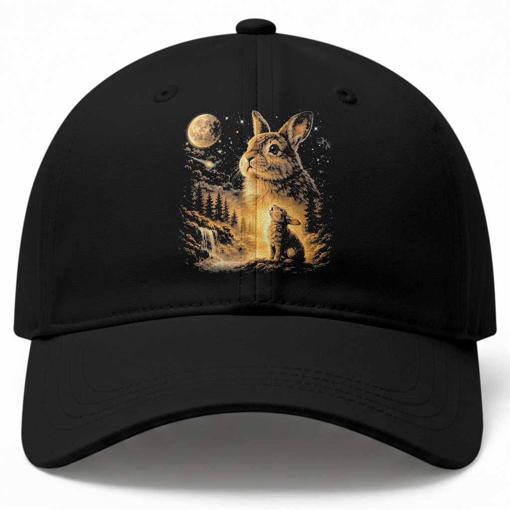 Mystical Moonlit Bunny Graphic Baseball Cap Glowing Rabbit Under Full Moon Waterfall Nature Scene TS02 Print Your Wear