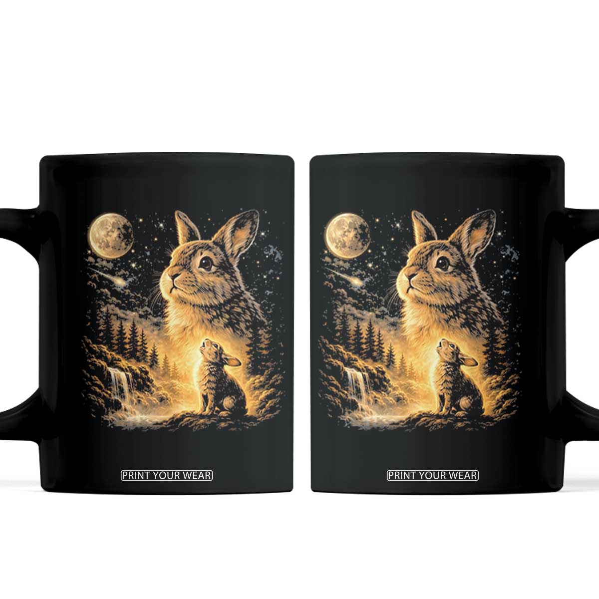 Mystical Moonlit Bunny Graphic Coffee Mug Glowing Rabbit Under Full Moon Waterfall Nature Scene TS02 Black Print Your Wear