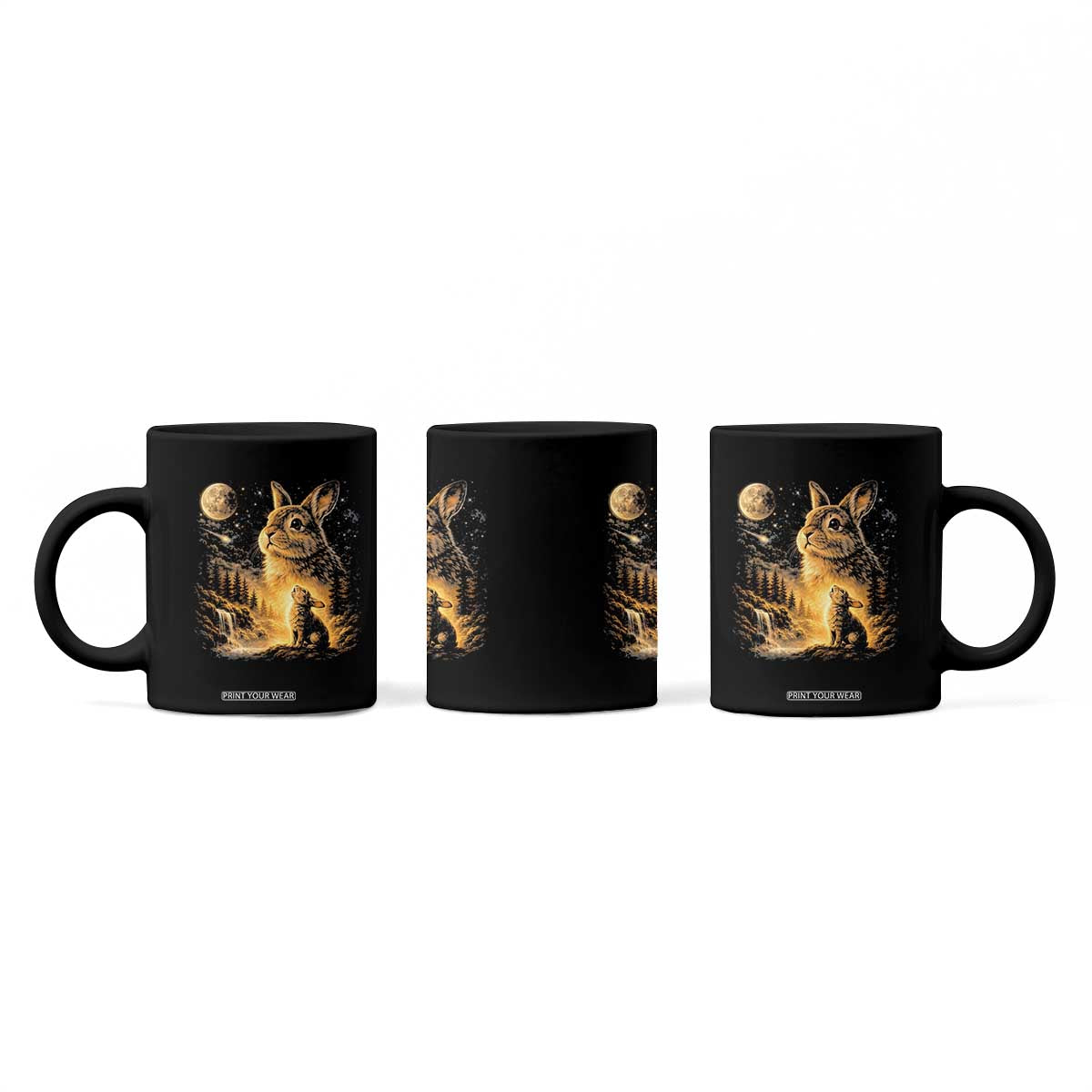 Mystical Moonlit Bunny Graphic Coffee Mug Glowing Rabbit Under Full Moon Waterfall Nature Scene TS02 Print Your Wear
