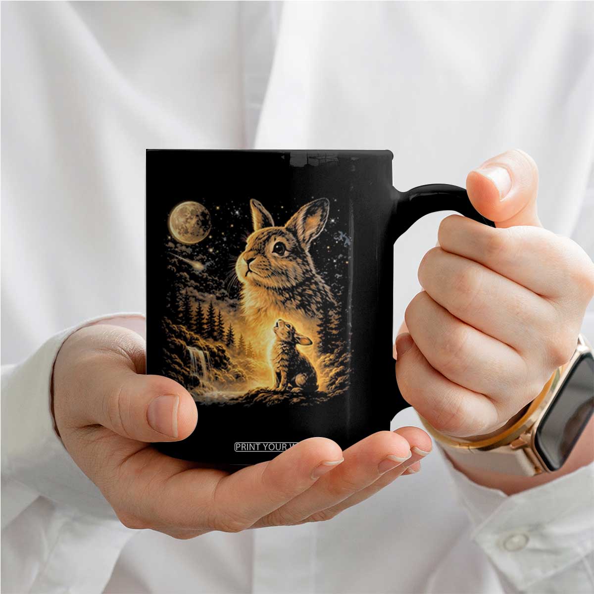 Mystical Moonlit Bunny Graphic Coffee Mug Glowing Rabbit Under Full Moon Waterfall Nature Scene TS02 Print Your Wear