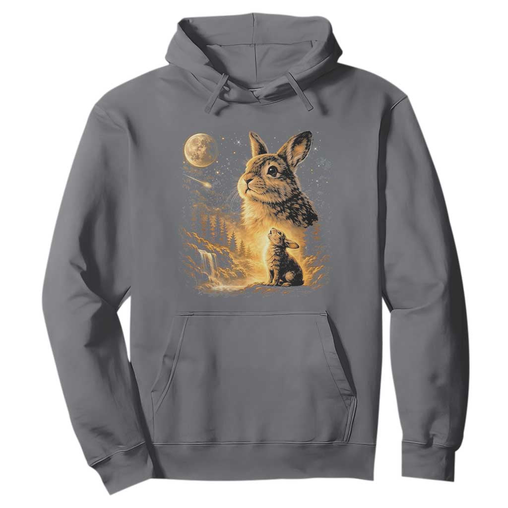 Mystical Moonlit Bunny Graphic Hoodie Glowing Rabbit Under Full Moon Waterfall Nature Scene TS02 Charcoal Print Your Wear