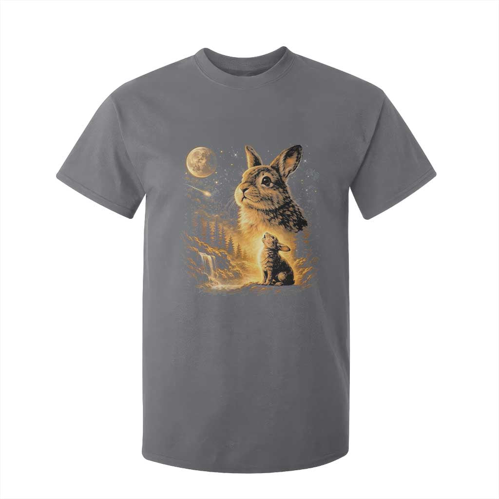 Mystical Moonlit Bunny Graphic T Shirt For Kid Glowing Rabbit Under Full Moon Waterfall Nature Scene TS02 Charcoal Print Your Wear