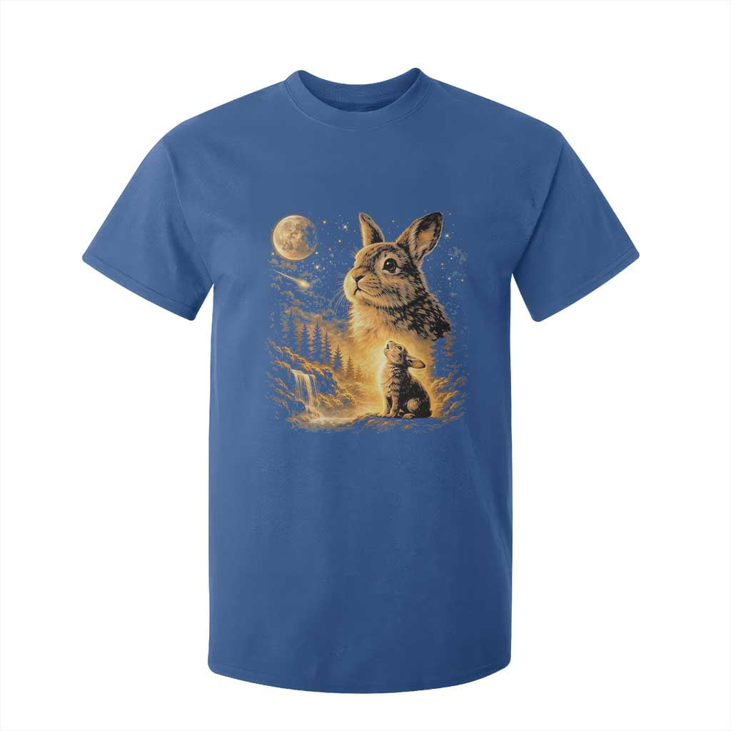 Mystical Moonlit Bunny Graphic T Shirt For Kid Glowing Rabbit Under Full Moon Waterfall Nature Scene TS02 Royal Blue Print Your Wear
