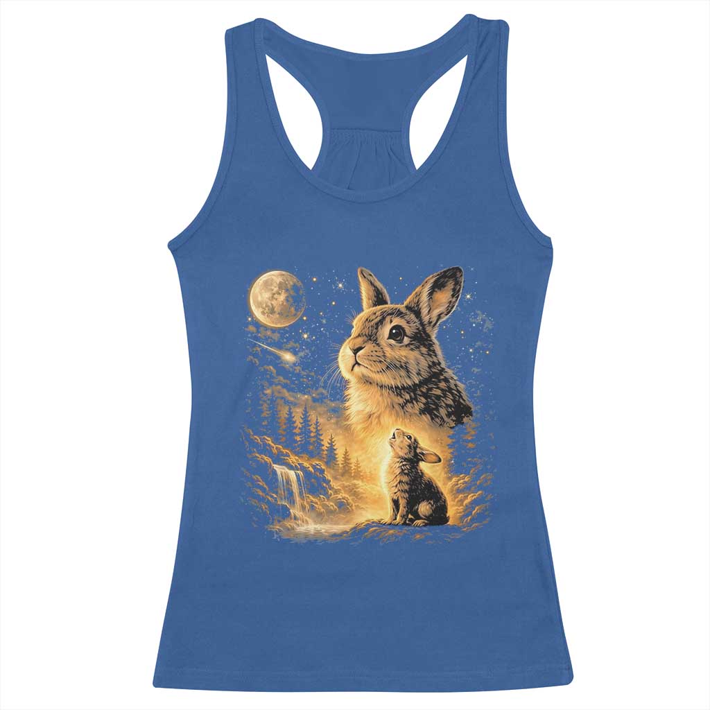 Mystical Moonlit Bunny Graphic Racerback Tank Top Glowing Rabbit Under Full Moon Waterfall Nature Scene TS02 Royal Blue Print Your Wear