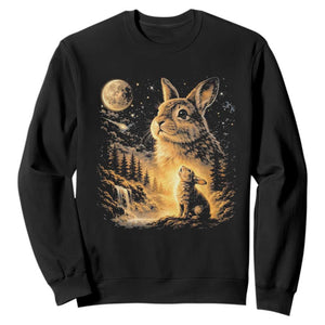 Mystical Moonlit Bunny Graphic Sweatshirt Glowing Rabbit Under Full Moon Waterfall Nature Scene TS02 Black Print Your Wear