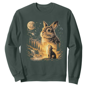 Mystical Moonlit Bunny Graphic Sweatshirt Glowing Rabbit Under Full Moon Waterfall Nature Scene TS02 Dark Forest Green Print Your Wear